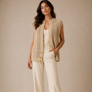 Larisa Knit Vest XL Beige Silk Cotton Cable Weave Cardigan Coastal‎ Fisherman